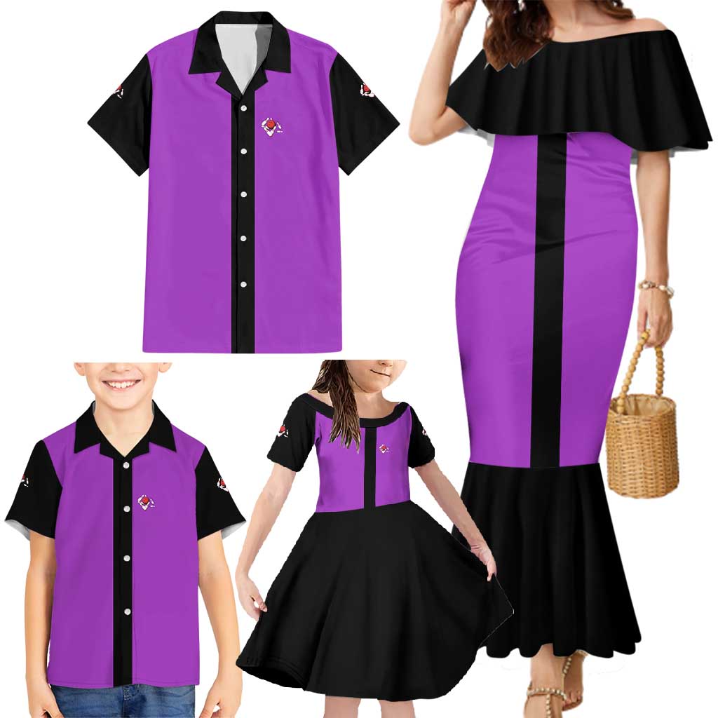 Personalized Purple Black Retro Bowling Family Matching Mermaid Dress and Hawaiian Shirt with Cartoon Strike - Wonder Print Shop