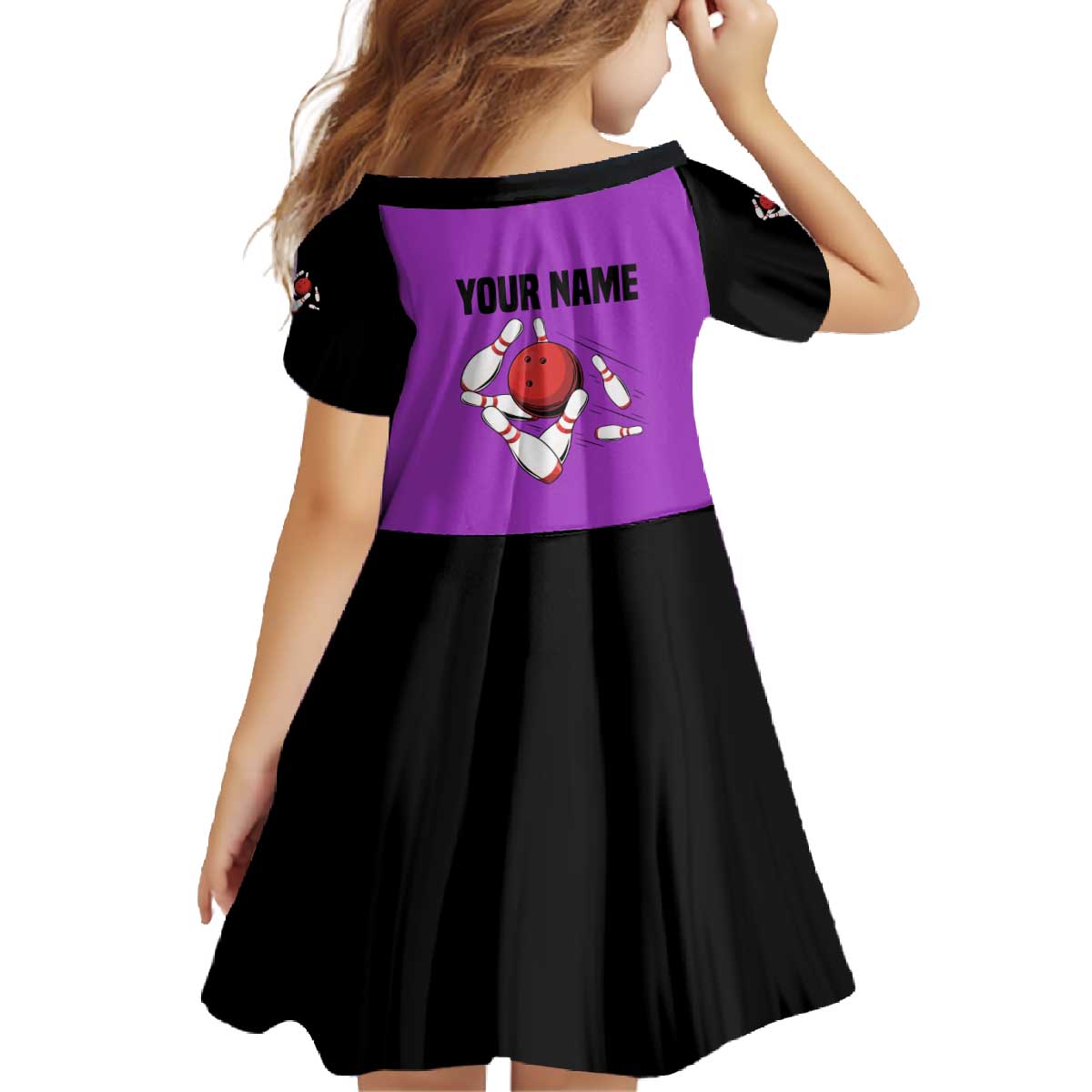 Personalized Purple Black Retro Bowling Family Matching Off The Shoulder Long Sleeve Dress and Hawaiian Shirt with Cartoon Strike - Wonder Print Shop