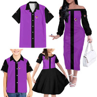 Personalized Purple Black Retro Bowling Family Matching Off The Shoulder Long Sleeve Dress and Hawaiian Shirt with Cartoon Strike - Wonder Print Shop
