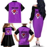 Personalized Purple Black Retro Bowling Family Matching Off The Shoulder Long Sleeve Dress and Hawaiian Shirt with Cartoon Strike - Wonder Print Shop