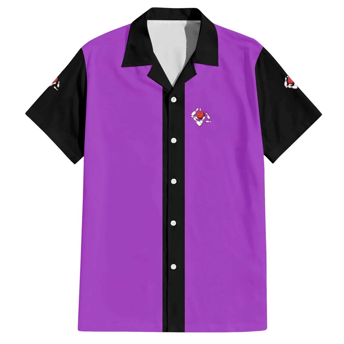 Personalized Purple Black Retro Bowling Family Matching Off The Shoulder Long Sleeve Dress and Hawaiian Shirt with Cartoon Strike - Wonder Print Shop