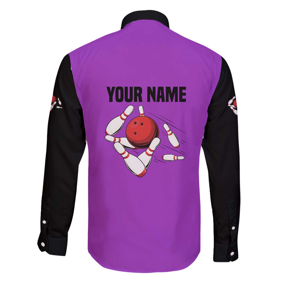 Personalized Purple Black Retro Bowling Family Matching Off The Shoulder Long Sleeve Dress and Hawaiian Shirt with Cartoon Strike - Wonder Print Shop