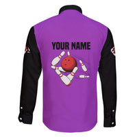 Personalized Purple Black Retro Bowling Family Matching Off The Shoulder Long Sleeve Dress and Hawaiian Shirt with Cartoon Strike - Wonder Print Shop