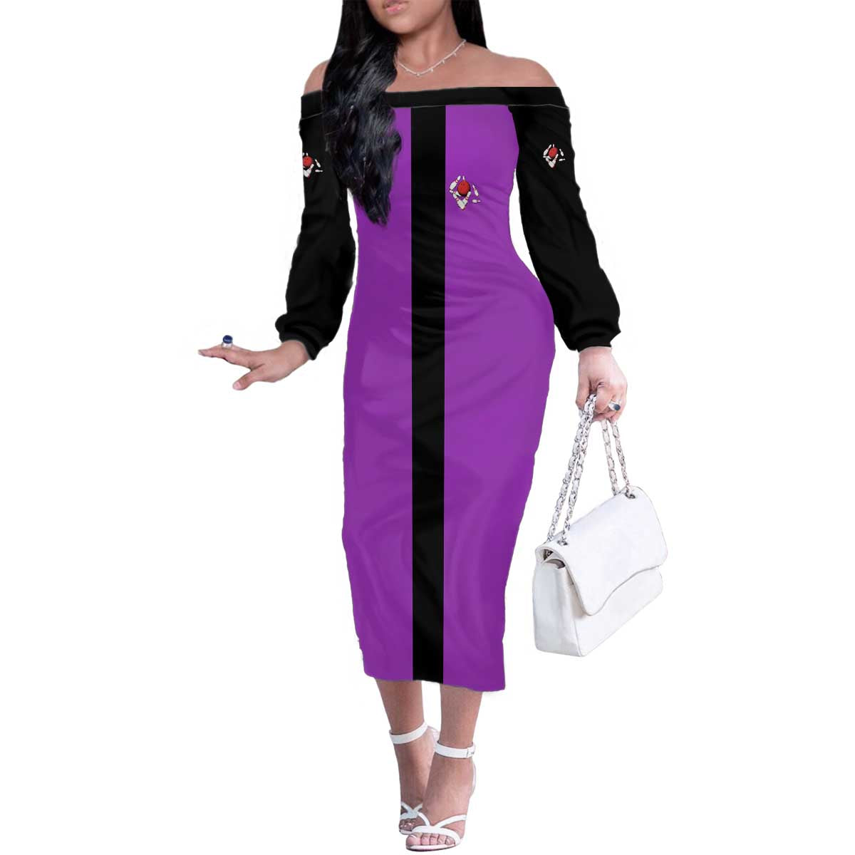 Personalized Purple Black Retro Bowling Family Matching Off The Shoulder Long Sleeve Dress and Hawaiian Shirt with Cartoon Strike - Wonder Print Shop