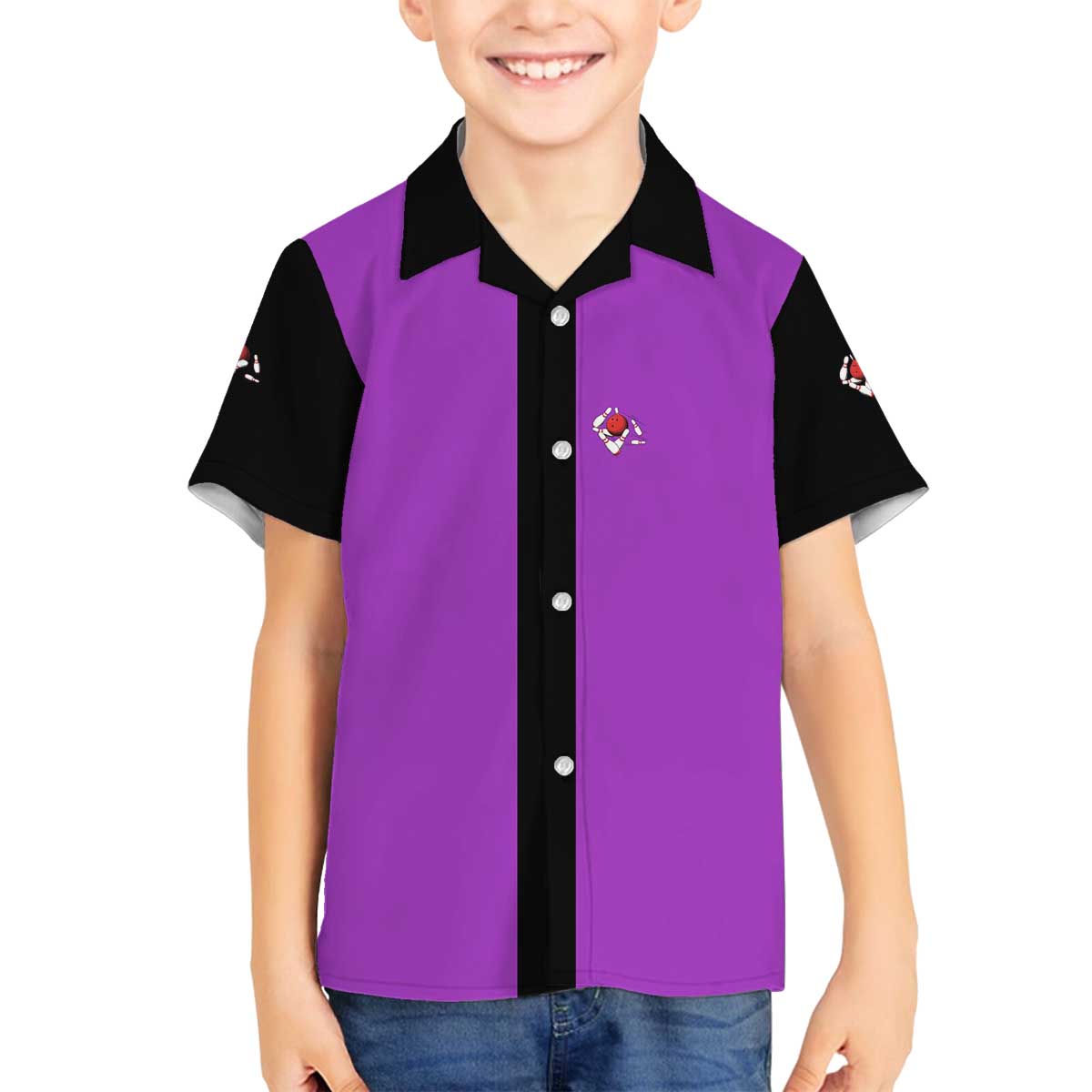 Personalized Purple Black Retro Bowling Family Matching Off The Shoulder Long Sleeve Dress and Hawaiian Shirt with Cartoon Strike - Wonder Print Shop