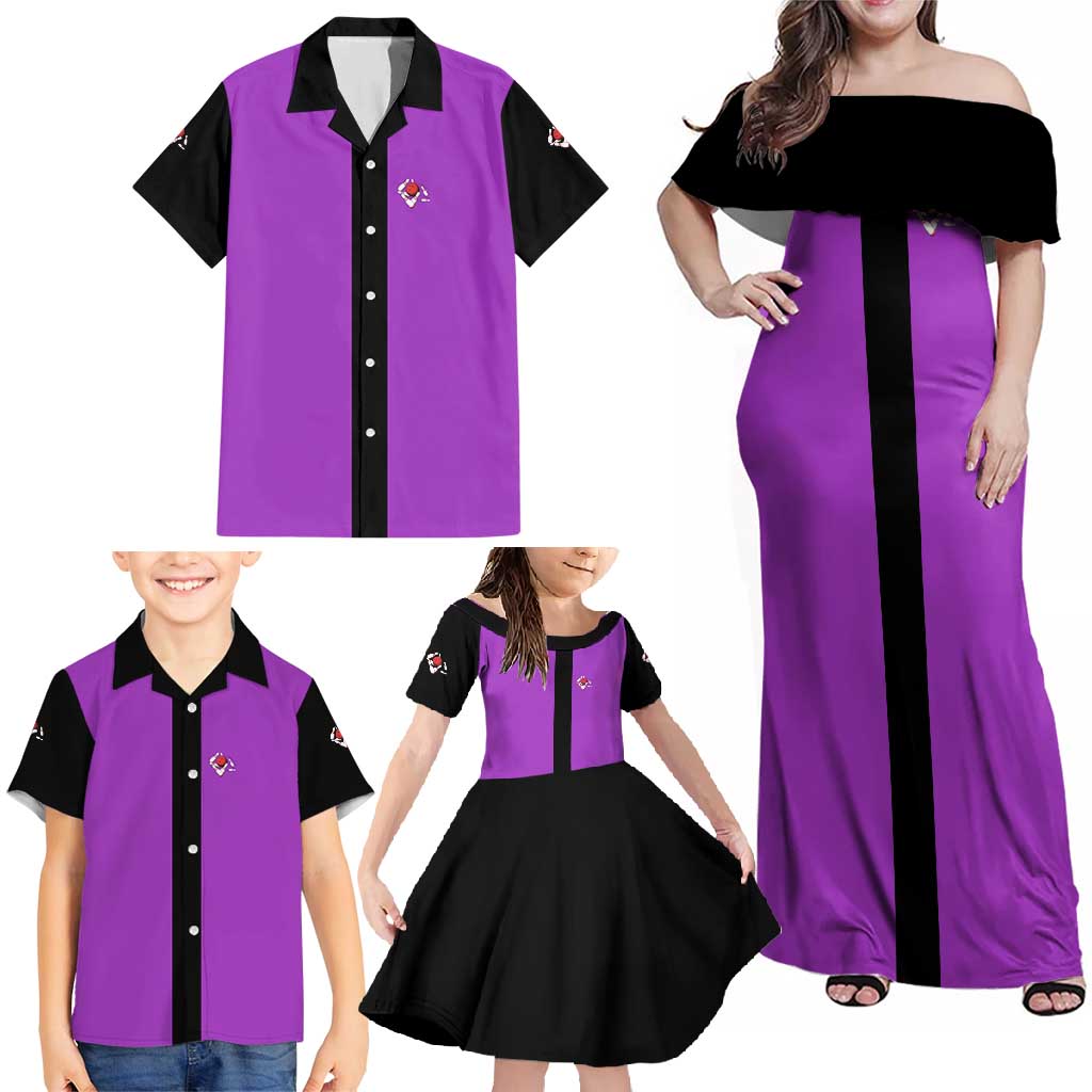 Personalized Purple Black Retro Bowling Family Matching Off Shoulder Maxi Dress and Hawaiian Shirt with Cartoon Strike - Wonder Print Shop