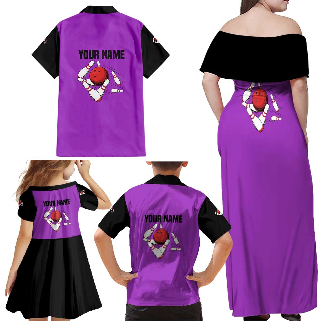 Personalized Purple Black Retro Bowling Family Matching Off Shoulder Maxi Dress and Hawaiian Shirt with Cartoon Strike - Wonder Print Shop