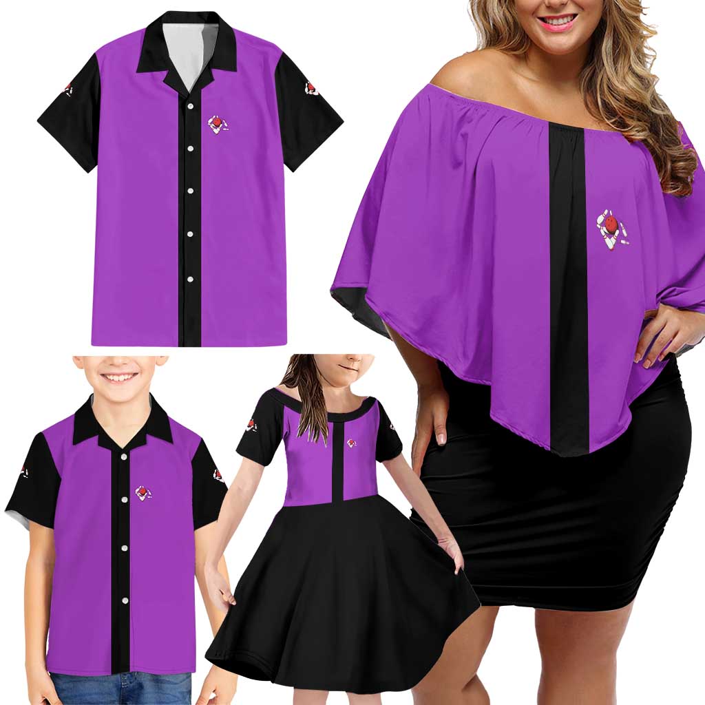 Personalized Purple Black Retro Bowling Family Matching Off Shoulder Short Dress and Hawaiian Shirt with Cartoon Strike - Wonder Print Shop