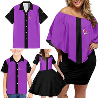 Personalized Purple Black Retro Bowling Family Matching Off Shoulder Short Dress and Hawaiian Shirt with Cartoon Strike - Wonder Print Shop