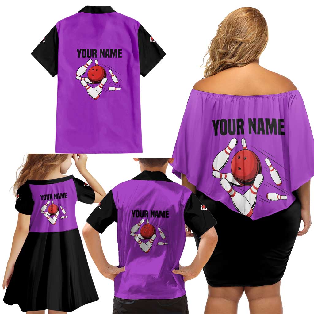 Personalized Purple Black Retro Bowling Family Matching Off Shoulder Short Dress and Hawaiian Shirt with Cartoon Strike - Wonder Print Shop