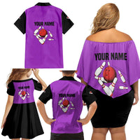 Personalized Purple Black Retro Bowling Family Matching Off Shoulder Short Dress and Hawaiian Shirt with Cartoon Strike - Wonder Print Shop