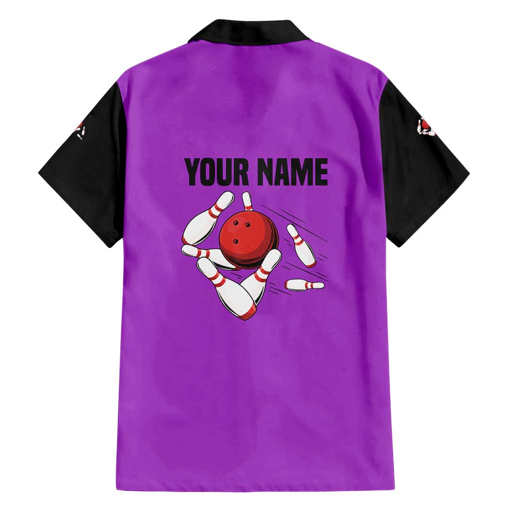 Personalized Purple Black Retro Bowling Family Matching Off Shoulder Short Dress and Hawaiian Shirt with Cartoon Strike - Wonder Print Shop