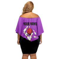 Personalized Purple Black Retro Bowling Family Matching Off Shoulder Short Dress and Hawaiian Shirt with Cartoon Strike - Wonder Print Shop