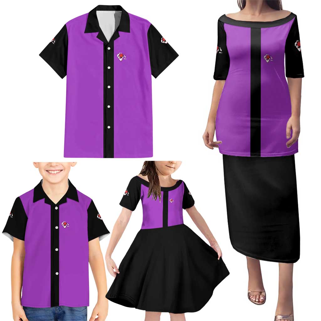 Personalized Purple Black Retro Bowling Family Matching Puletasi and Hawaiian Shirt with Cartoon Strike - Wonder Print Shop