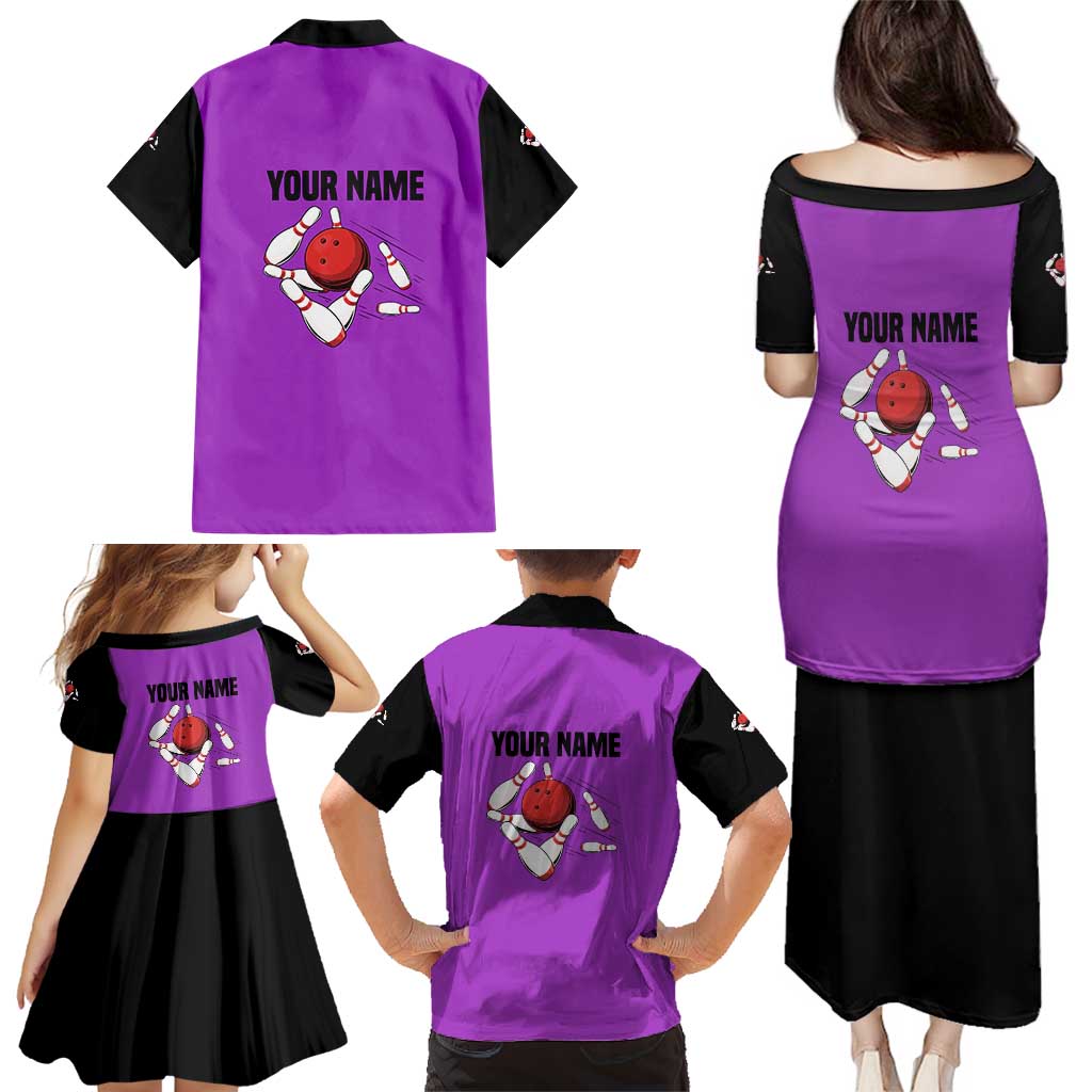 Personalized Purple Black Retro Bowling Family Matching Puletasi and Hawaiian Shirt with Cartoon Strike - Wonder Print Shop