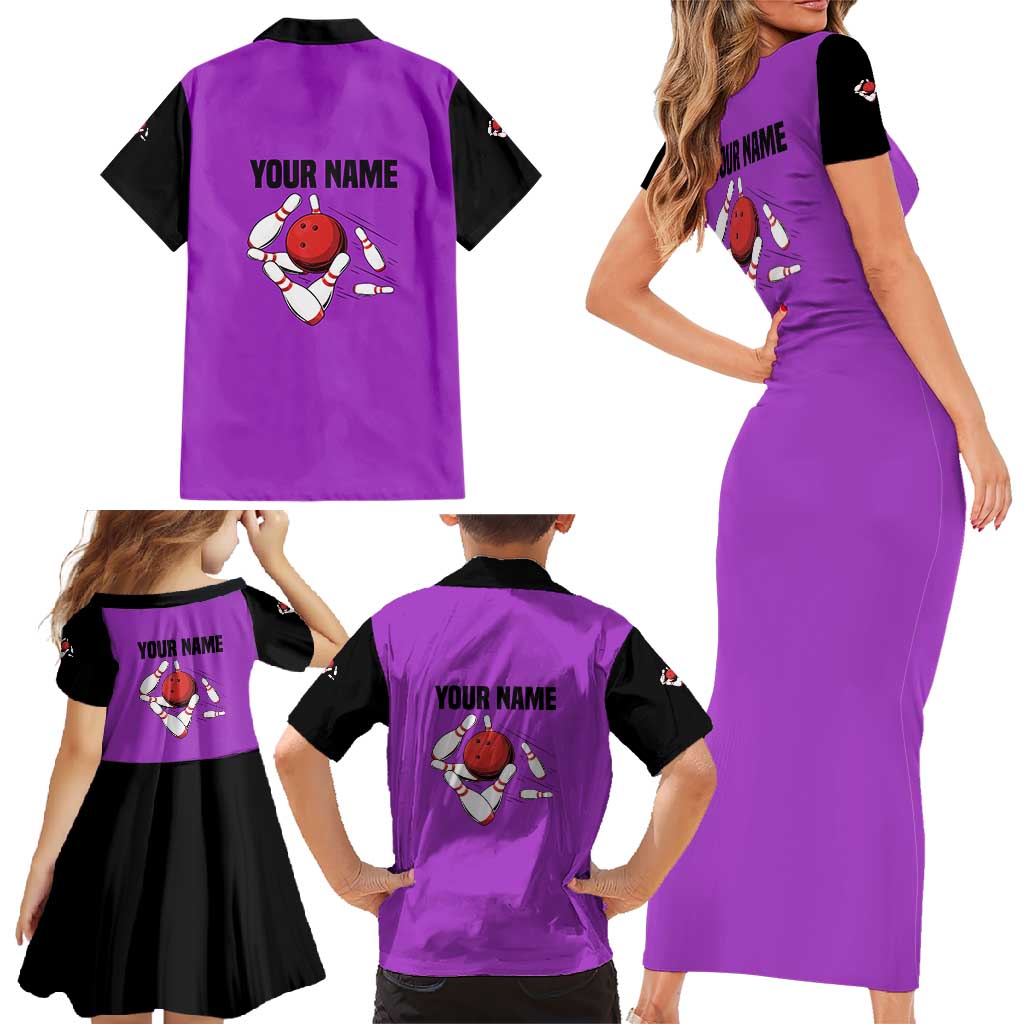 Personalized Purple Black Retro Bowling Family Matching Short Sleeve Bodycon Dress and Hawaiian Shirt with Cartoon Strike - Wonder Print Shop