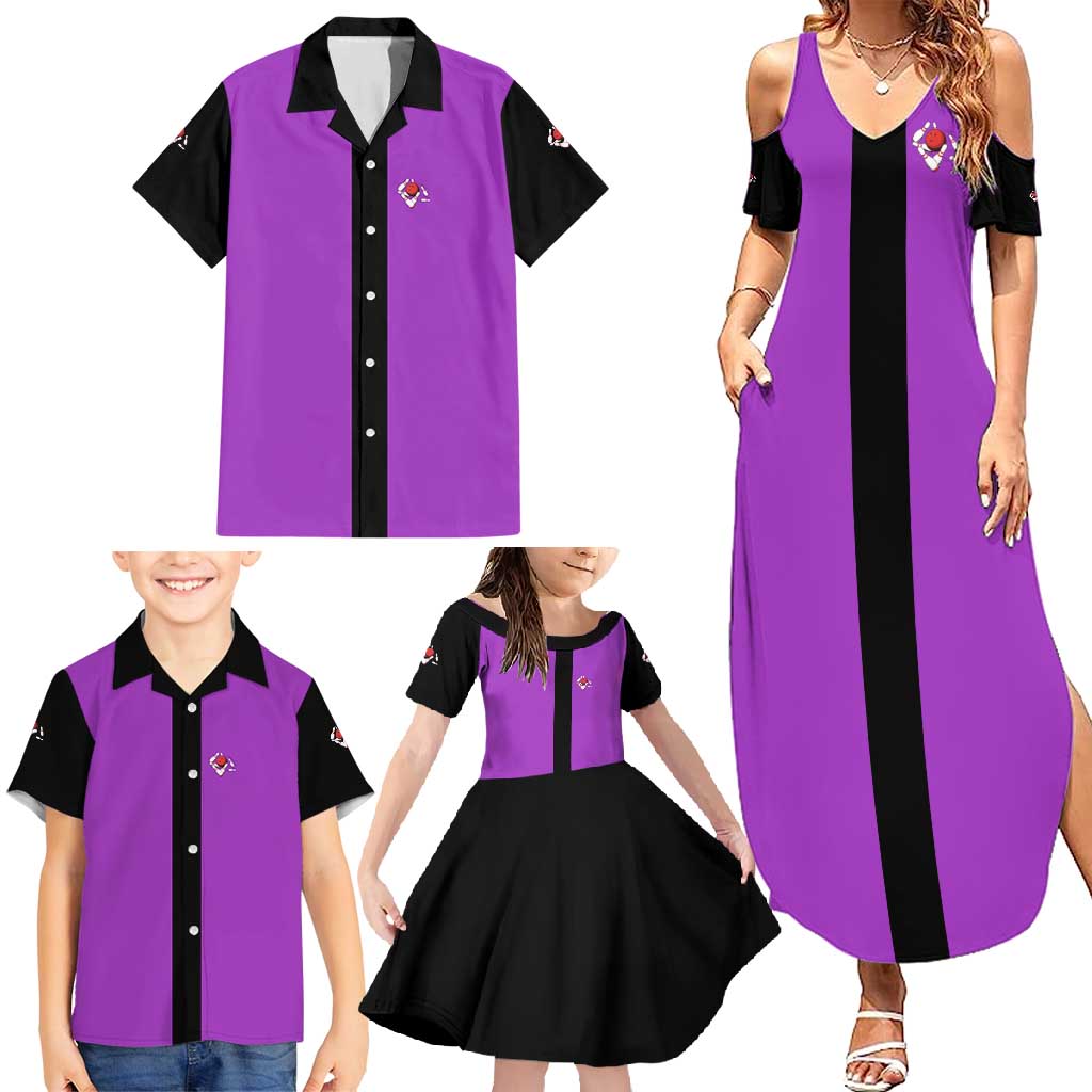 Personalized Purple Black Retro Bowling Family Matching Summer Maxi Dress and Hawaiian Shirt with Cartoon Strike - undefined