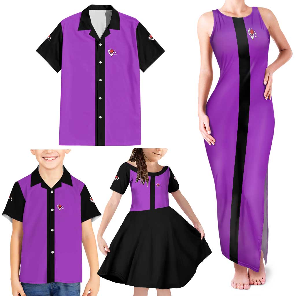 Personalized Purple Black Retro Bowling Family Matching Tank Maxi Dress and Hawaiian Shirt with Cartoon Strike - Wonder Print Shop