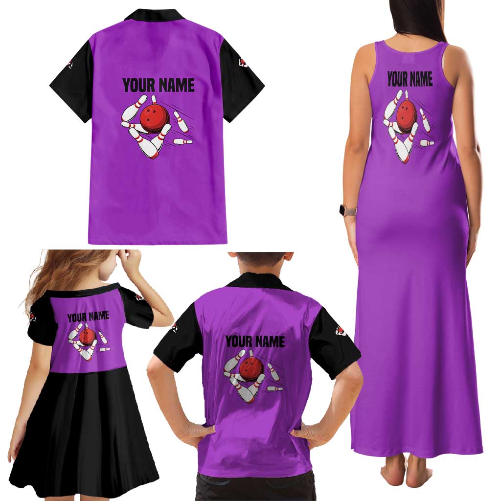 Personalized Purple Black Retro Bowling Family Matching Tank Maxi Dress and Hawaiian Shirt with Cartoon Strike - Wonder Print Shop