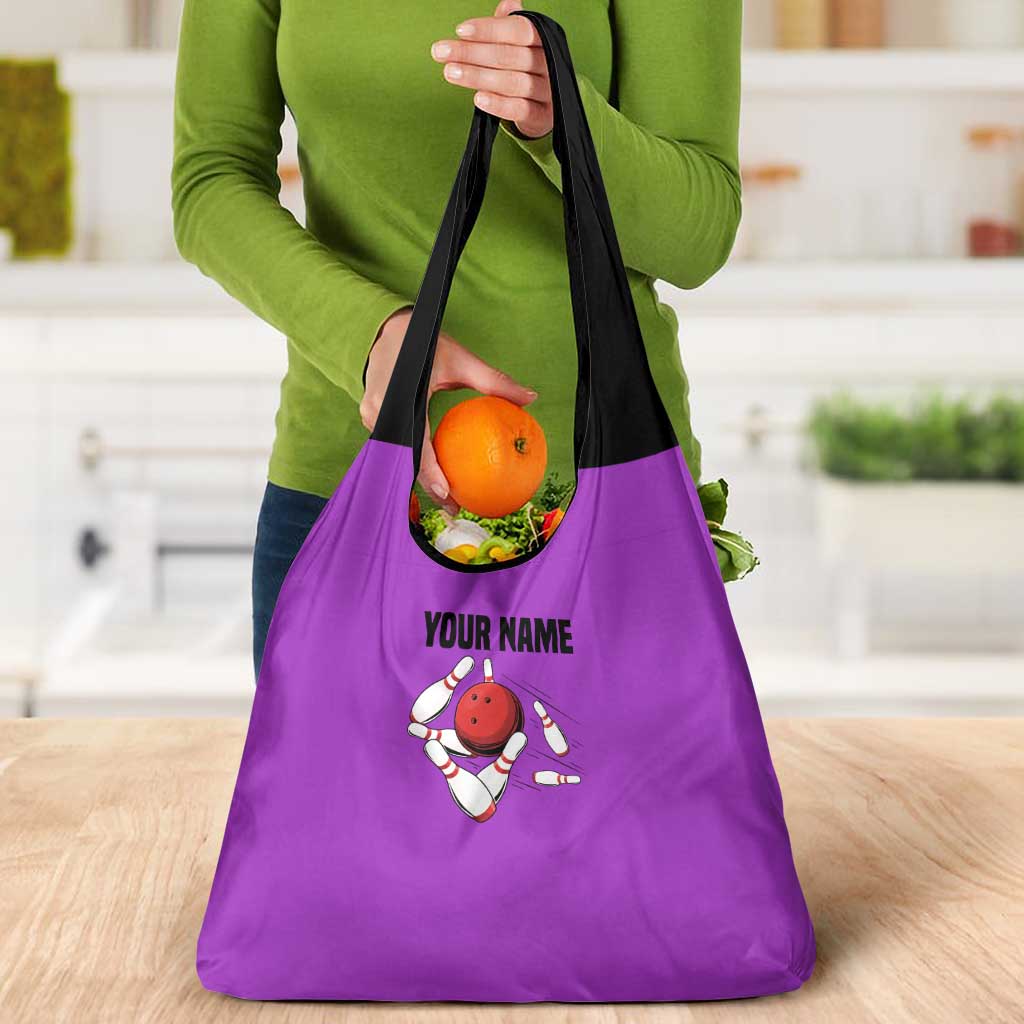 Personalized Purple Black Retro Bowling Grocery Bag with Cartoon Strike - Wonder Print Shop