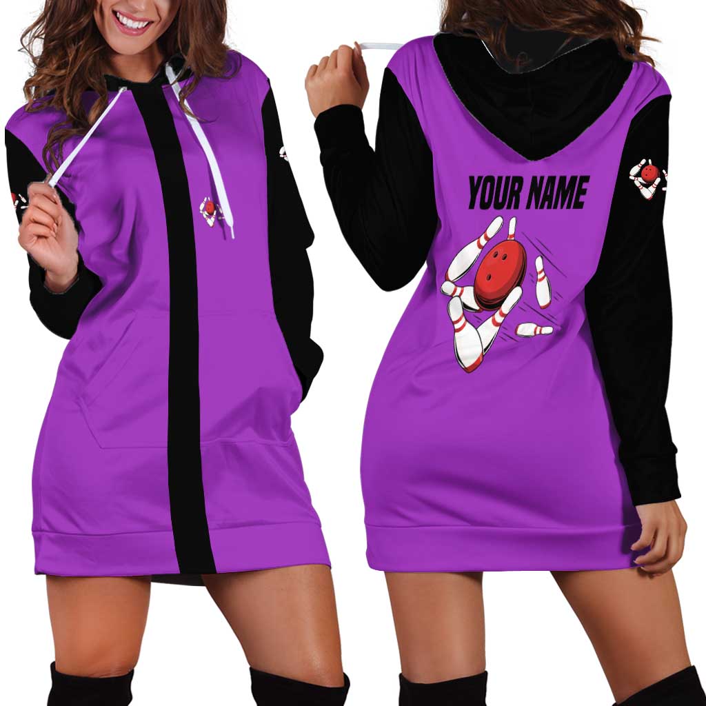 Personalized Purple Black Retro Bowling Hoodie Dress with Cartoon Strike - Wonder Print Shop