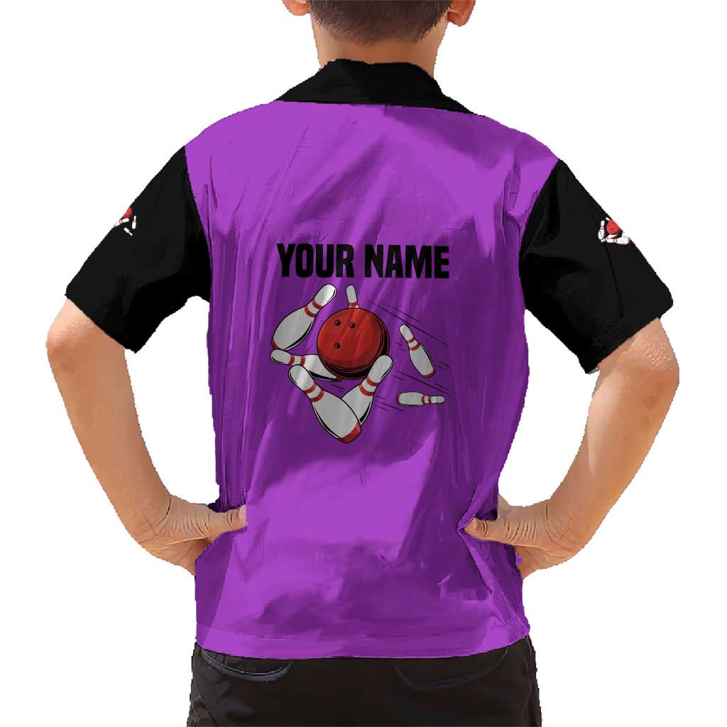 Personalized Purple Black Retro Bowling Kid Hawaiian Shirt with Cartoon Strike - Wonder Print Shop