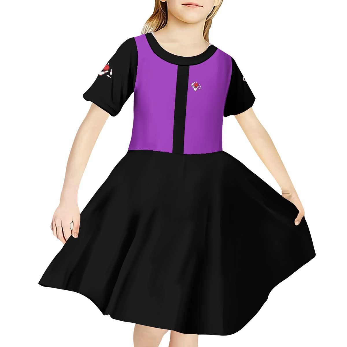 Personalized Purple Black Retro Bowling Kid Short Sleeve Dress with Cartoon Strike - Wonder Print Shop