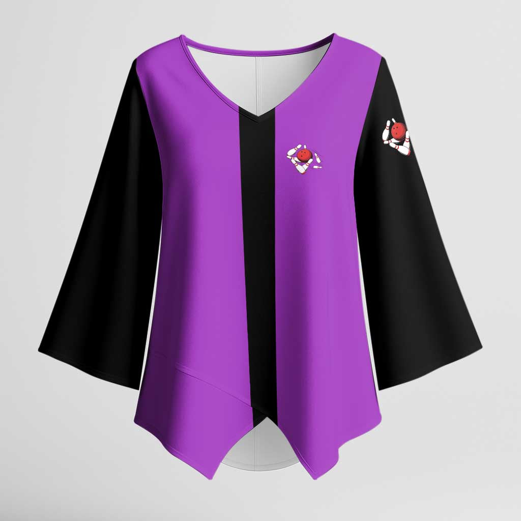Personalized Purple Black Retro Bowling Kimono Sleeve Blouse with Cartoon Strike - Wonder Print Shop