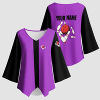 Personalized Purple Black Retro Bowling Kimono Sleeve Blouse with Cartoon Strike - Wonder Print Shop