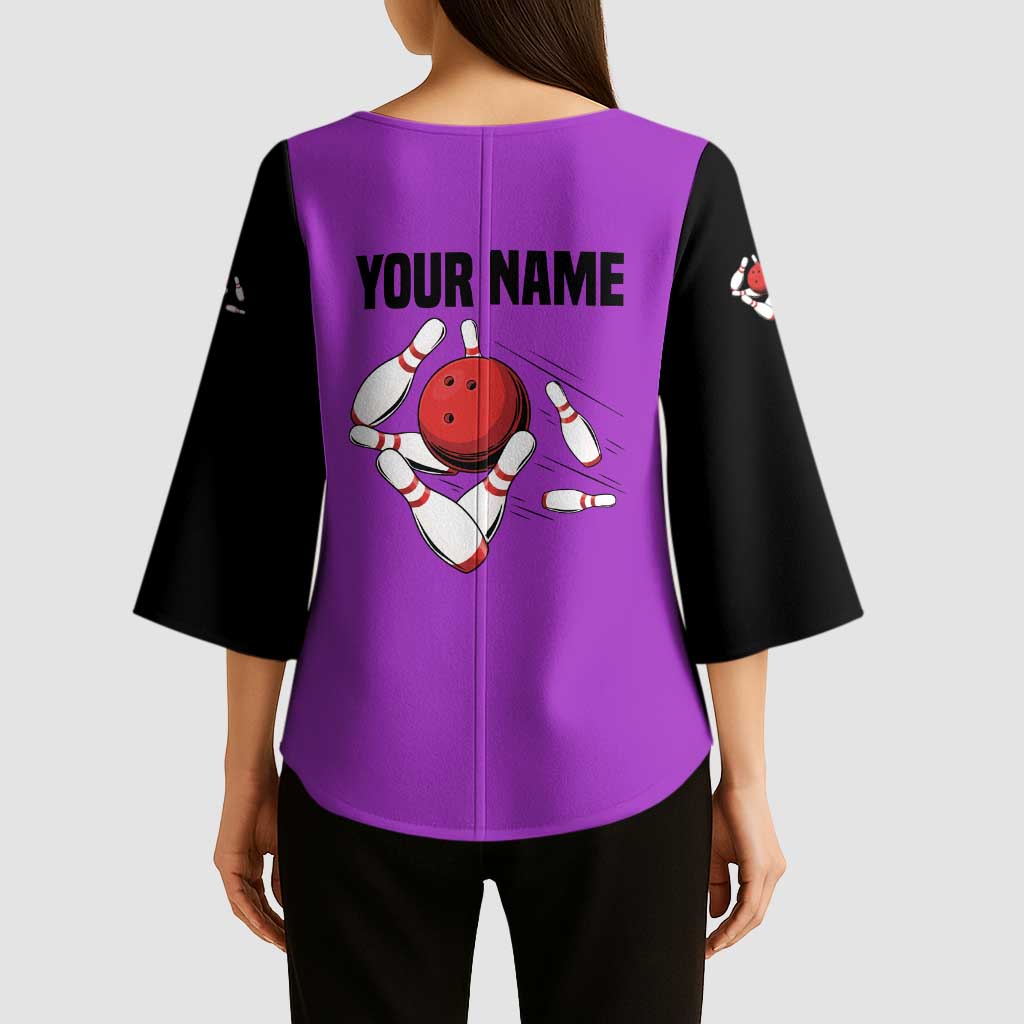 Personalized Purple Black Retro Bowling Kimono Sleeve Blouse with Cartoon Strike - Wonder Print Shop