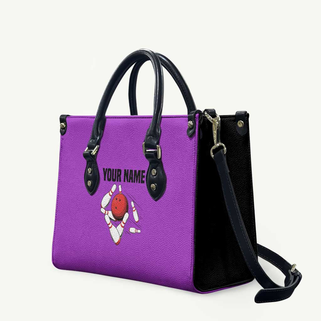 Personalized Purple Black Retro Bowling Leather Bag with Cartoon Strike - Wonder Print Shop