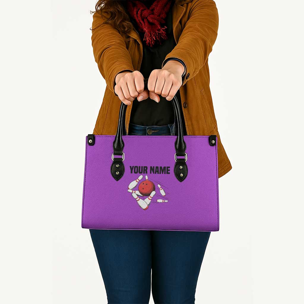Personalized Purple Black Retro Bowling Leather Bag with Cartoon Strike - Wonder Print Shop