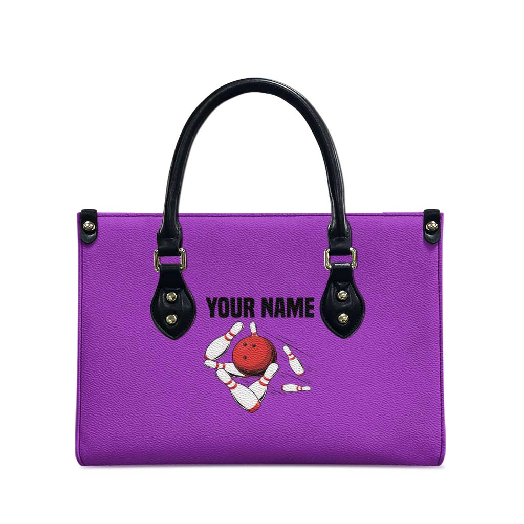 Personalized Purple Black Retro Bowling Leather Bag with Cartoon Strike - Wonder Print Shop