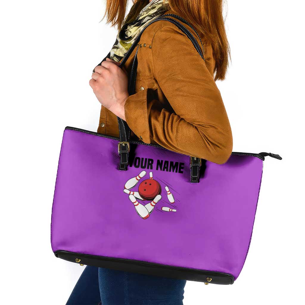 Personalized Purple Black Retro Bowling Leather Tote Bag with Cartoon Strike - Wonder Print Shop