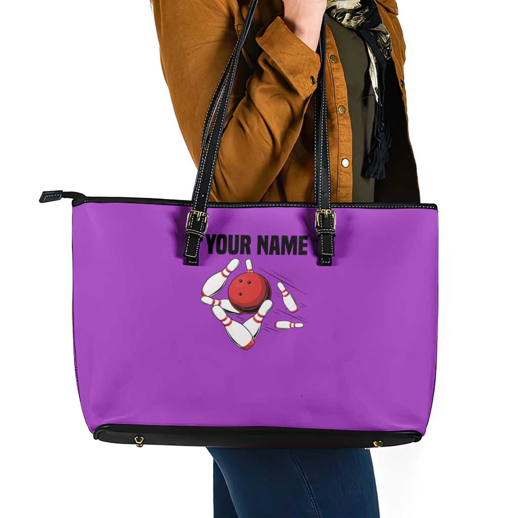Personalized Purple Black Retro Bowling Leather Tote Bag with Cartoon Strike - Wonder Print Shop