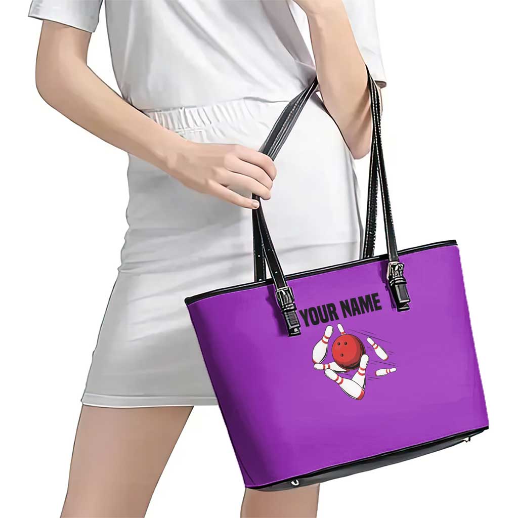 Personalized Purple Black Retro Bowling Leather Tote Bag with Cartoon Strike - Wonder Print Shop