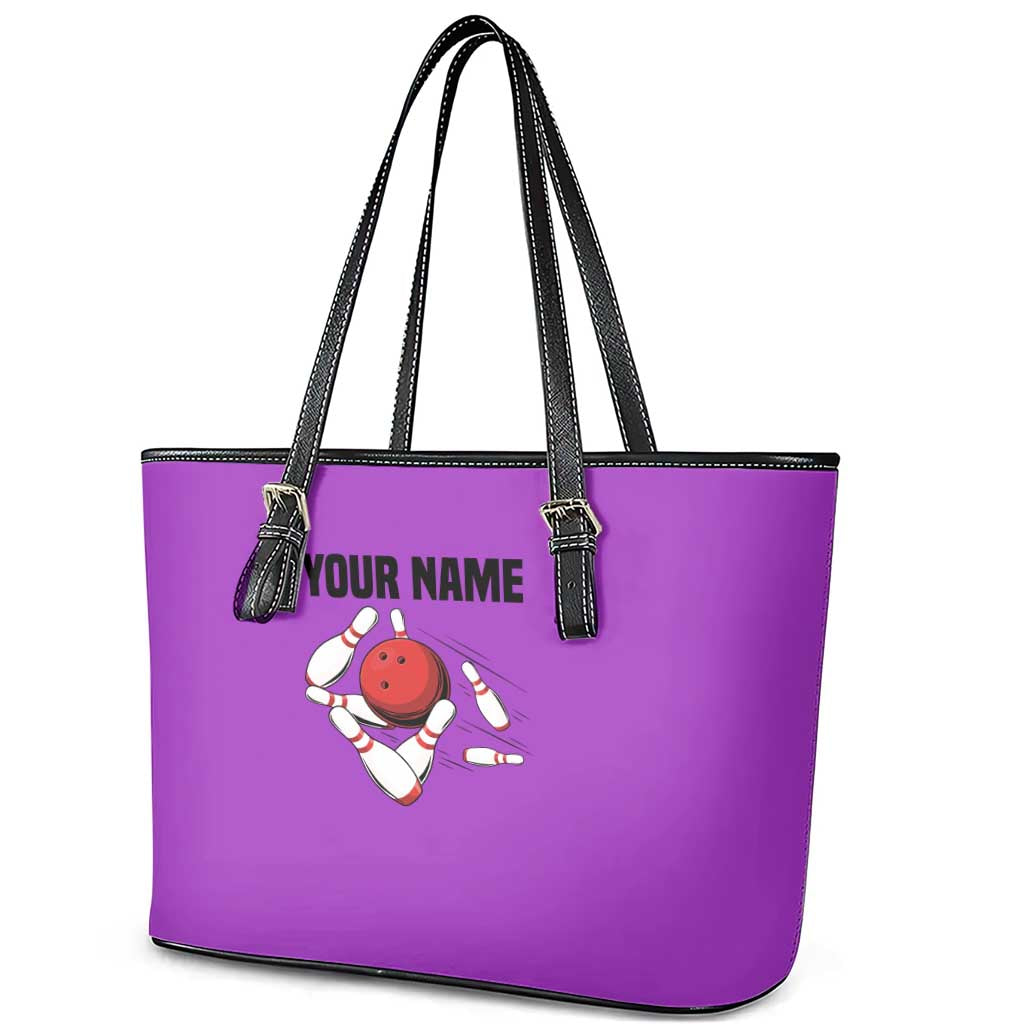 Personalized Purple Black Retro Bowling Leather Tote Bag with Cartoon Strike - Wonder Print Shop