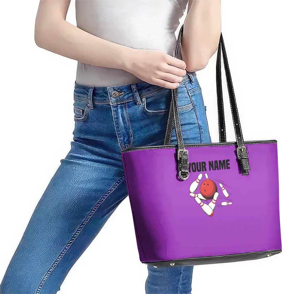 Personalized Purple Black Retro Bowling Leather Tote Bag with Cartoon Strike - Wonder Print Shop