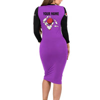 Personalized Purple Black Retro Bowling Long Sleeve Bodycon Dress with Cartoon Strike - Wonder Print Shop