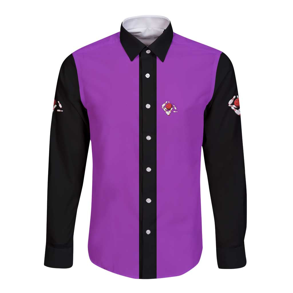 Personalized Purple Black Retro Bowling Long Sleeve Button Shirt with Cartoon Strike - Wonder Print Shop