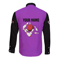 Personalized Purple Black Retro Bowling Long Sleeve Button Shirt with Cartoon Strike - Wonder Print Shop