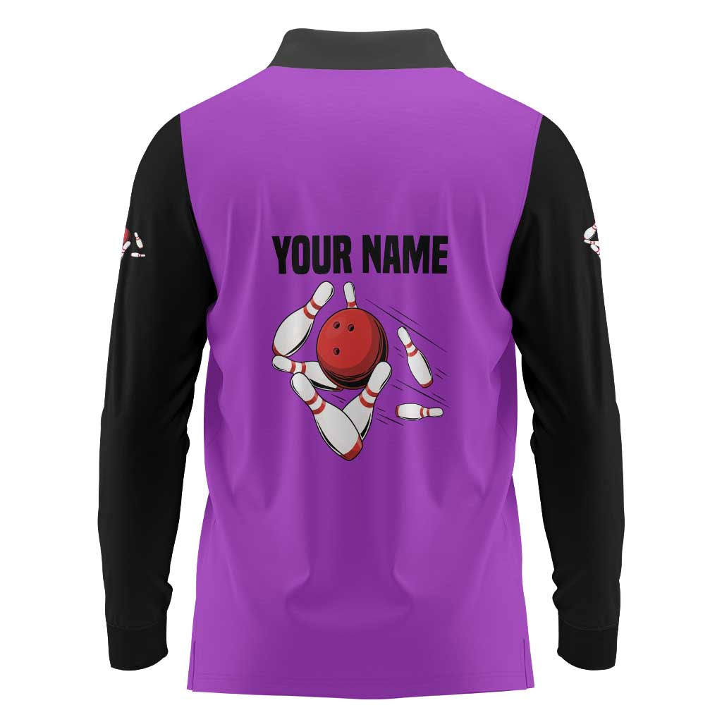 Personalized Purple Black Retro Bowling Long Sleeve Polo Shirt with Cartoon Strike - Wonder Print Shop