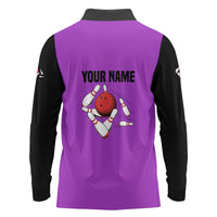 Personalized Purple Black Retro Bowling Long Sleeve Polo Shirt with Cartoon Strike - Wonder Print Shop