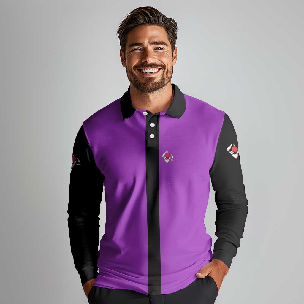 Personalized Purple Black Retro Bowling Long Sleeve Polo Shirt with Cartoon Strike - Wonder Print Shop