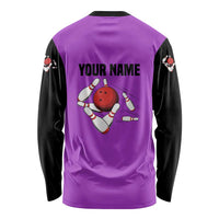 Personalized Purple Black Retro Bowling Long Sleeve Shirt with Cartoon Strike - Wonder Print Shop