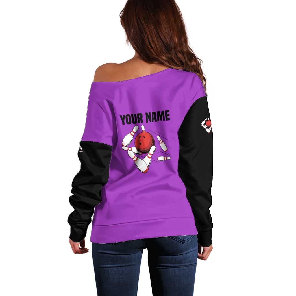 Personalized Purple Black Retro Bowling Off Shoulder Sweater with Cartoon Strike - Wonder Print Shop