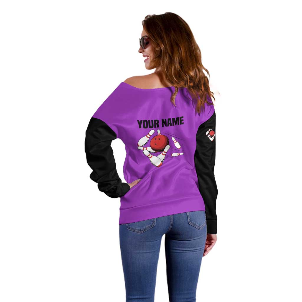 Personalized Purple Black Retro Bowling Off Shoulder Sweater with Cartoon Strike - Wonder Print Shop