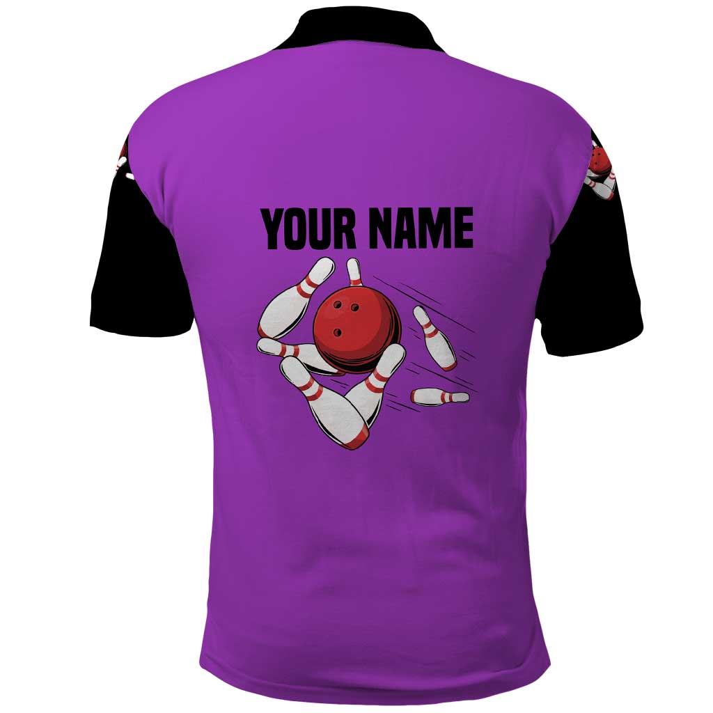 Personalized Purple Black Retro Bowling Polo Shirt with Cartoon Strike - Wonder Print Shop