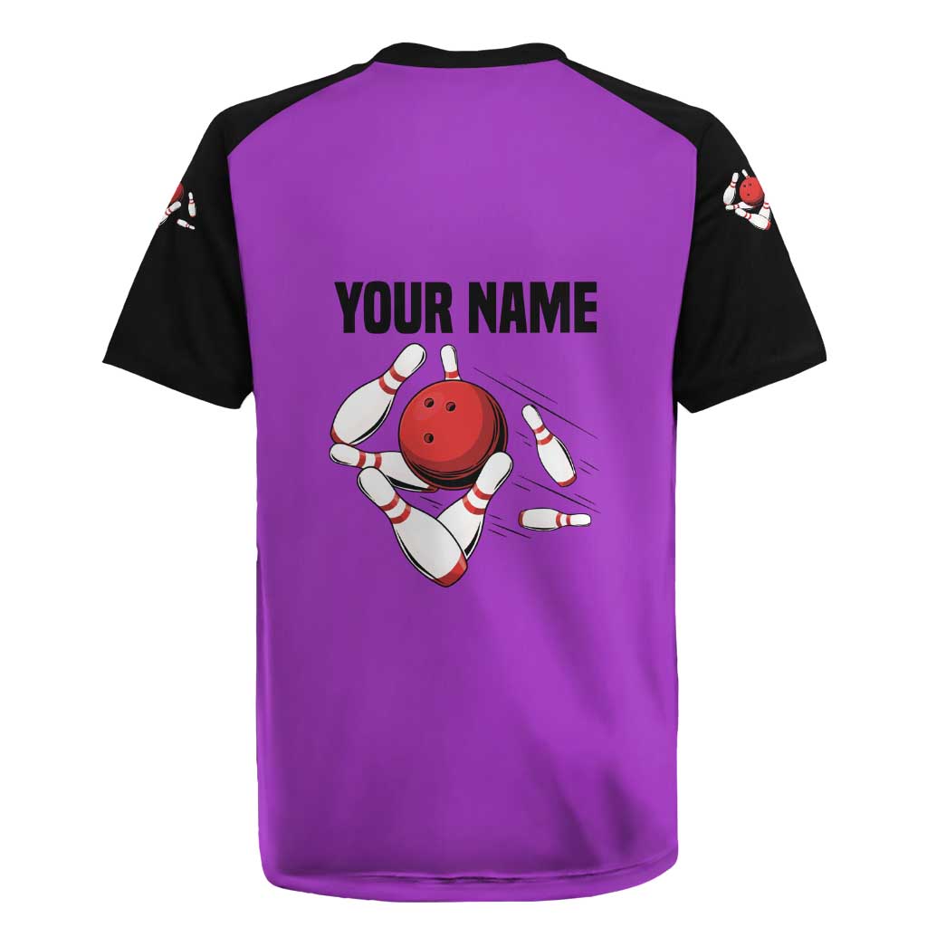 Personalized Purple Black Retro Bowling Rugby Jersey with Cartoon Strike - Wonder Print Shop