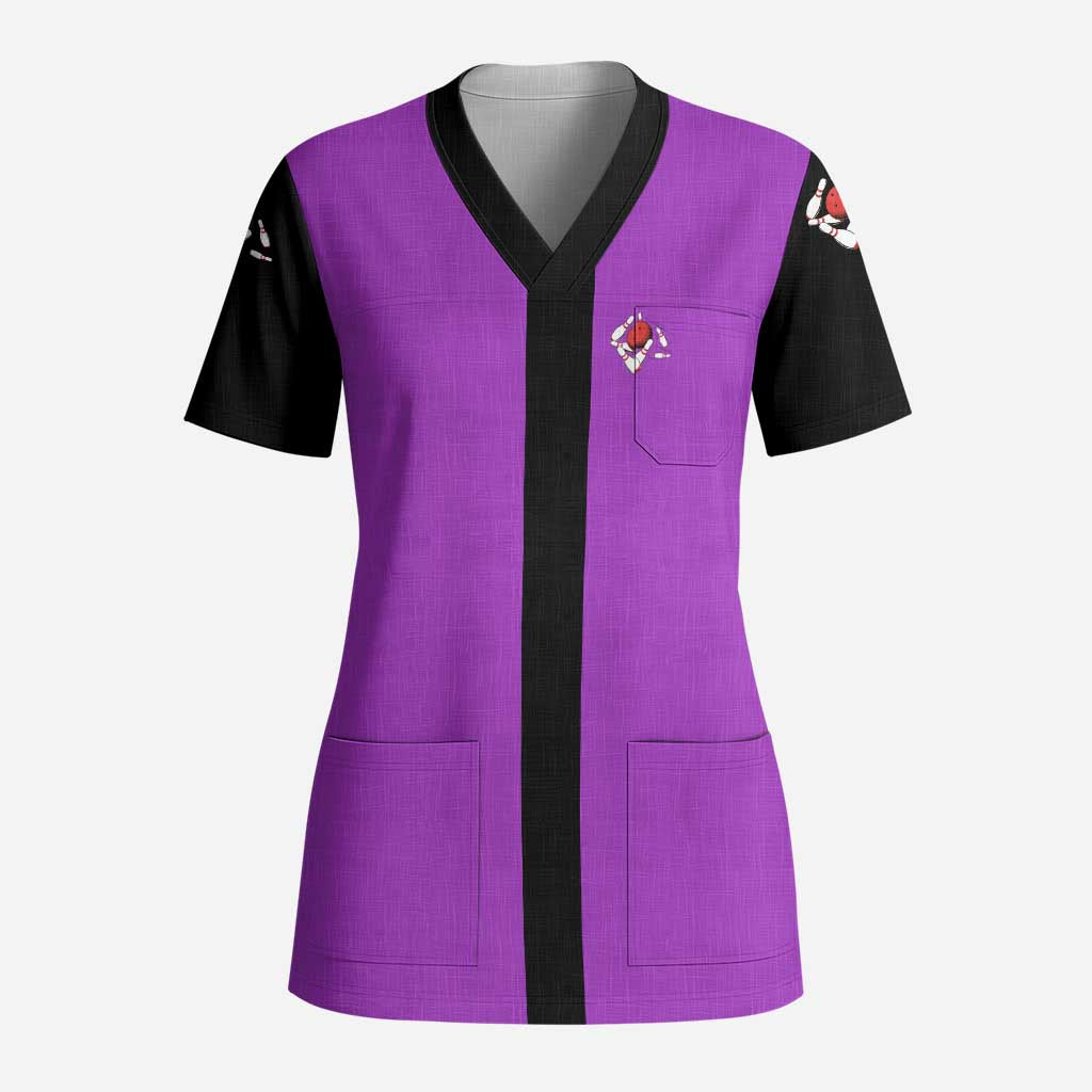 Personalized Purple Black Retro Bowling Scrub Top with Cartoon Strike - undefined